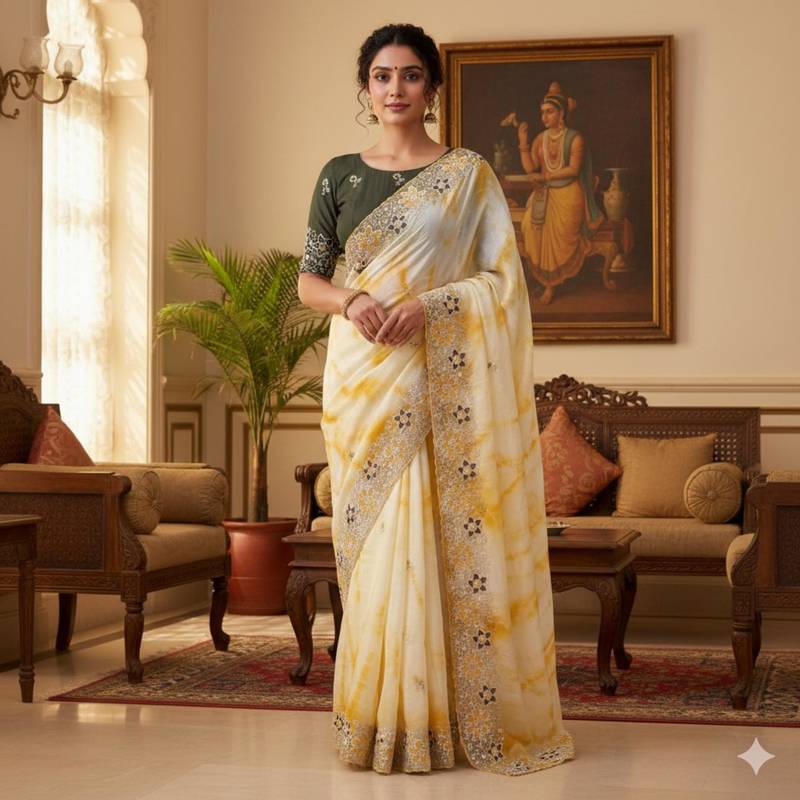 Cream silk blend embroidered saree with tie dye