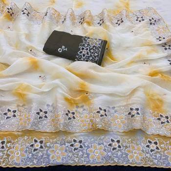 Cream silk blend embroidered saree with tie dye 2