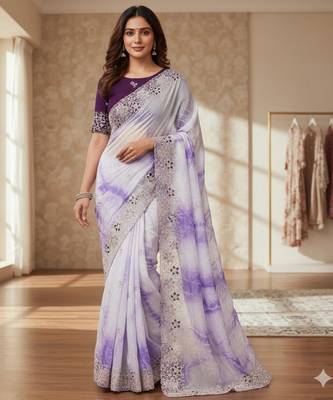 Purple silk blend embroidered saree with tie dye 1