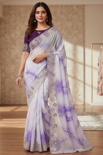 Purple silk blend embroidered saree with tie dye