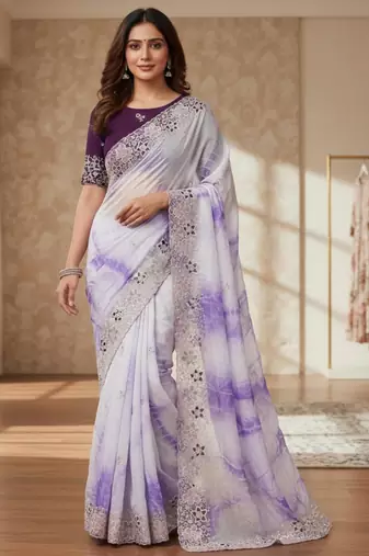 Purple silk blend embroidered saree with tie dye