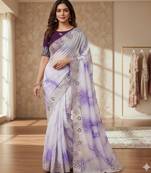 Purple silk blend embroidered saree with tie dye