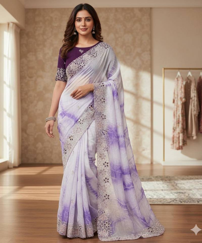 Purple silk blend embroidered saree with tie dye