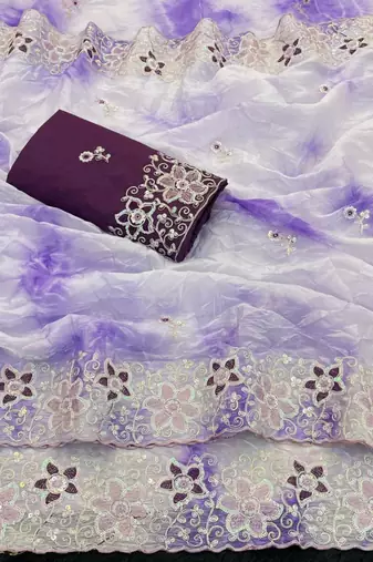 Purple silk blend embroidered saree with tie dye