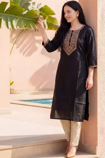 Black women ethnic motifs embroidered thread work kurta