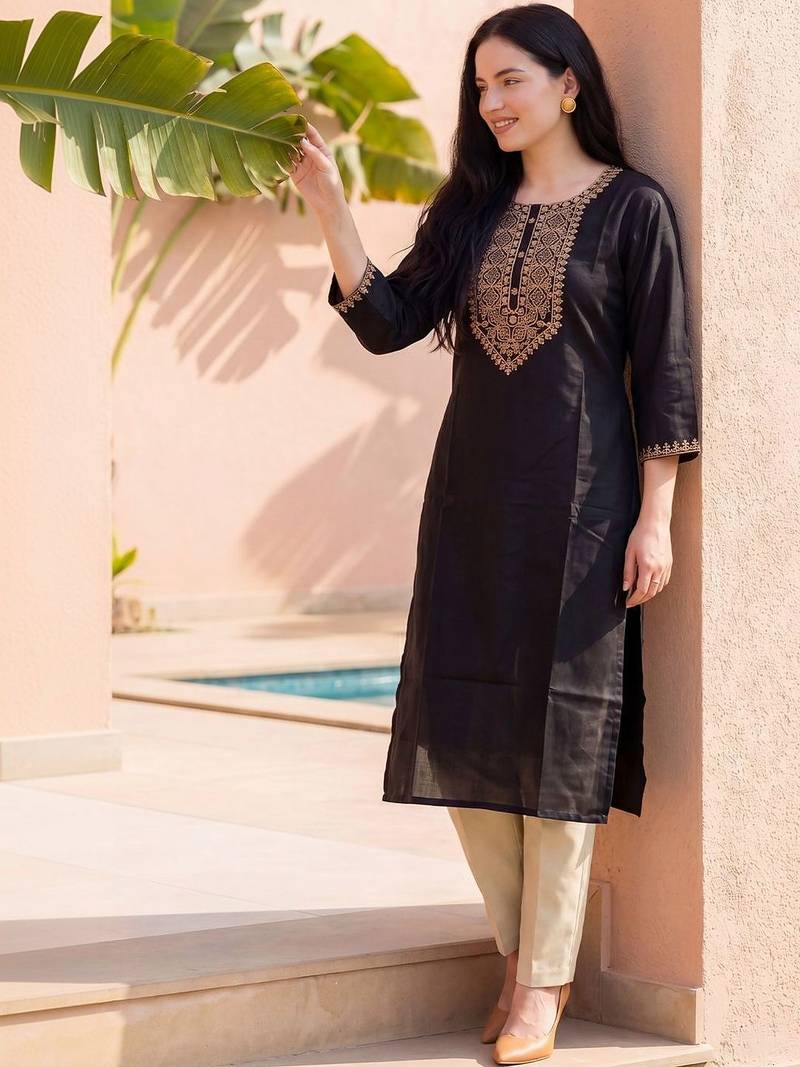 Black women ethnic motifs embroidered thread work kurta