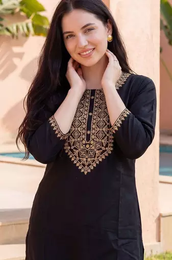 Black women ethnic motifs embroidered thread work kurta