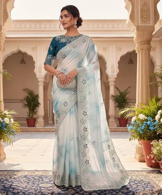 Teal silk blend embroidered saree with tie dye 1