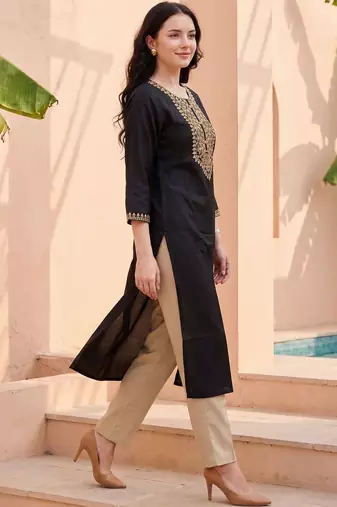 Black women ethnic motifs embroidered thread work kurta
