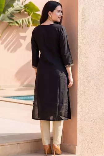 Black women ethnic motifs embroidered thread work kurta