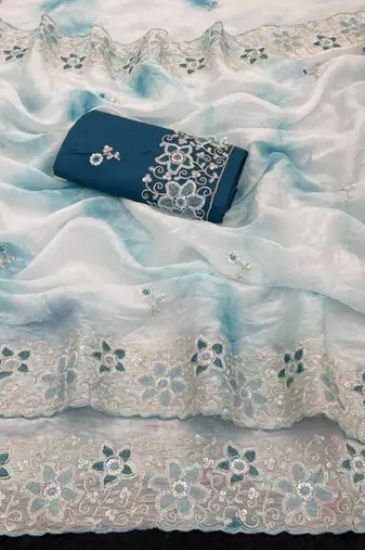 Teal silk blend embroidered saree with tie dye