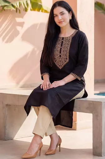 Black women ethnic motifs embroidered thread work kurta