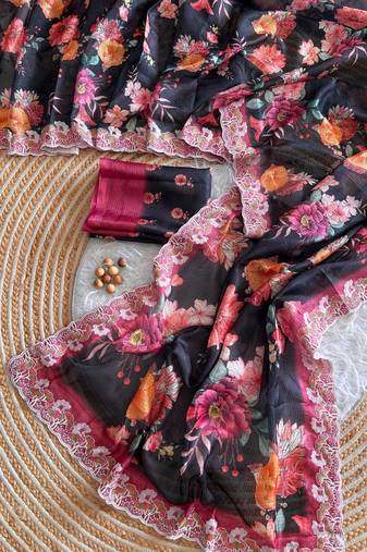 Black silk blend printed saree with floral print