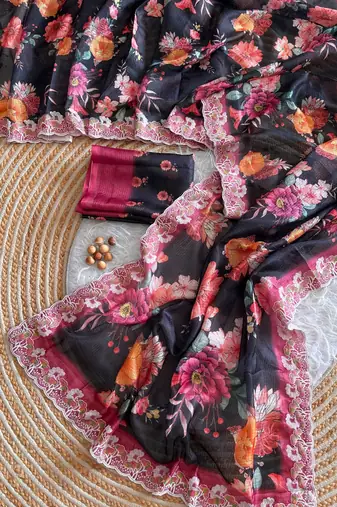 Black silk blend printed saree with floral print