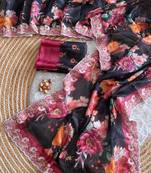 Black silk blend printed saree with floral print
