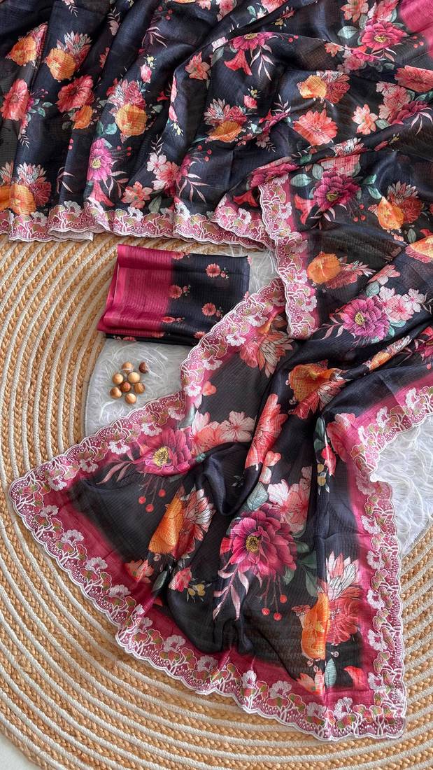 Black silk blend printed saree with floral print