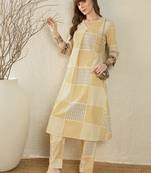 Yellow printed v-neck pure cotton kurta with trouser