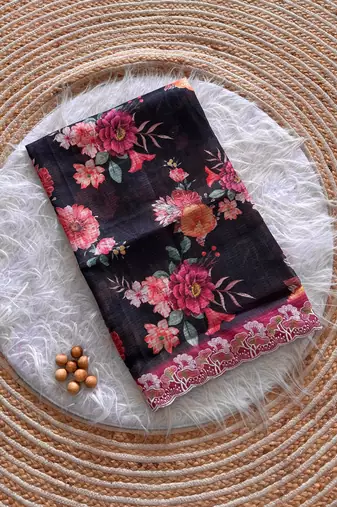 Black silk blend printed saree with floral print
