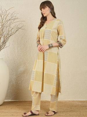 Yellow printed v-neck cotton kurta with trouser 3