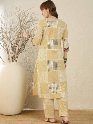 Yellow printed v-neck cotton kurta with trouser 4