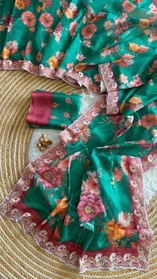 Sea green silk blend printed saree with floral print 1