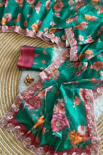 Sea green silk blend printed saree with floral print