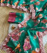 Sea green silk blend printed saree with floral print
