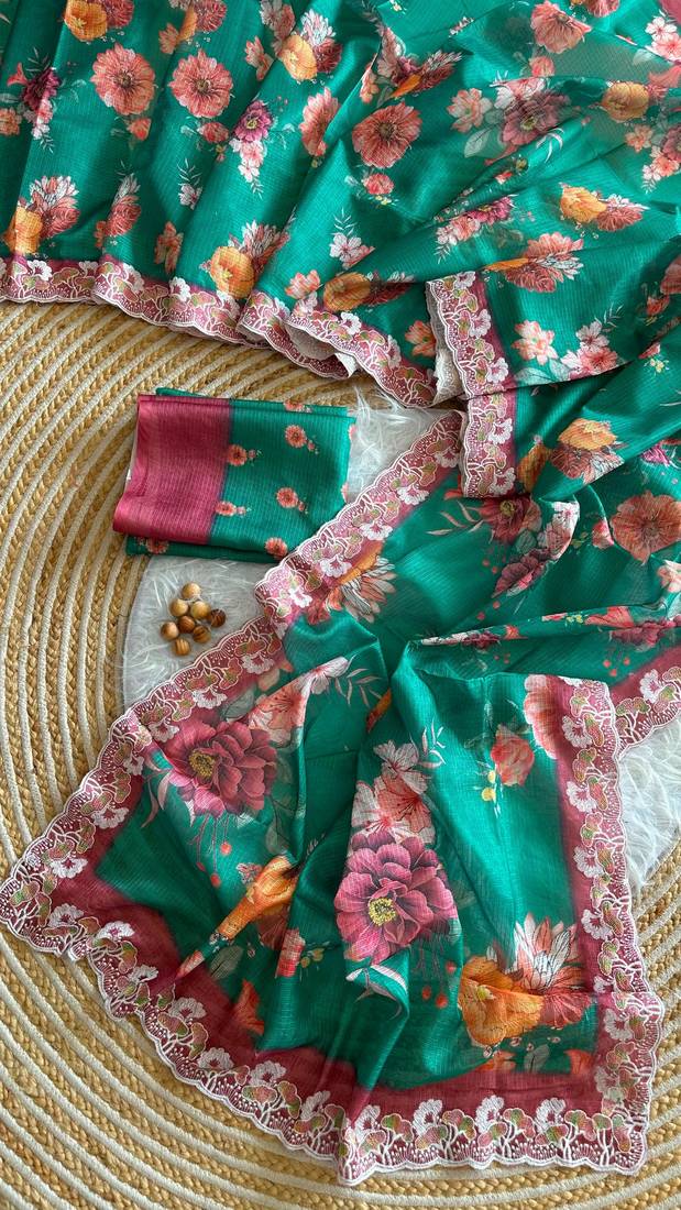 Sea green silk blend printed saree with floral print