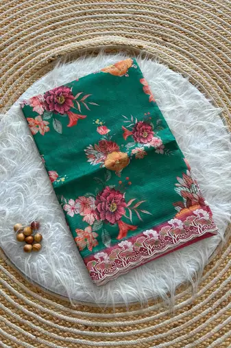 Sea green silk blend printed saree with floral print