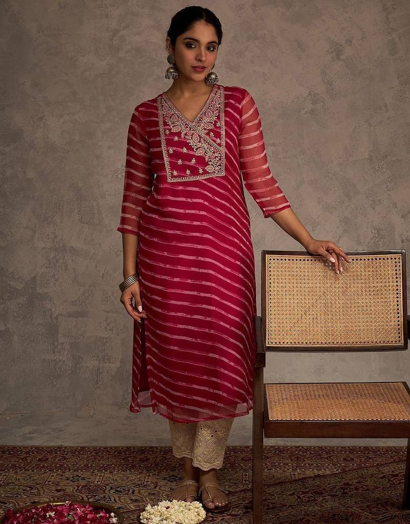Pink women leheriya printed screen print festive straight kurta