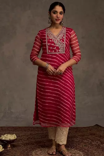 Pink women leheriya printed screen print festive straight kurta