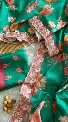 Sea green silk blend printed saree with floral print 3