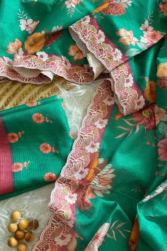 Sea green silk blend printed saree with floral print