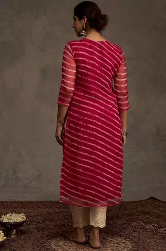 Pink women leheriya printed screen print festive straight kurta