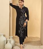 Black women floral embroidered v-neck kurta