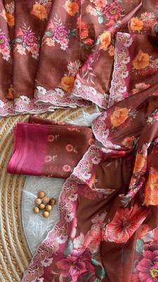 Coffee silk blend printed saree with floral print 1