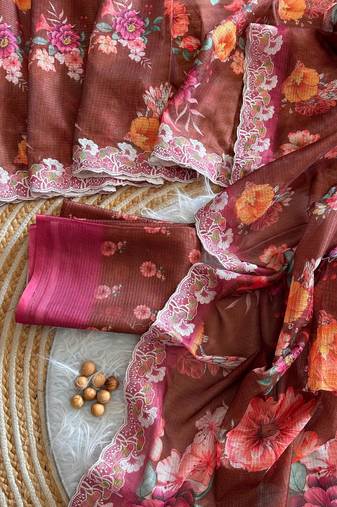 Coffee silk blend printed saree with floral print