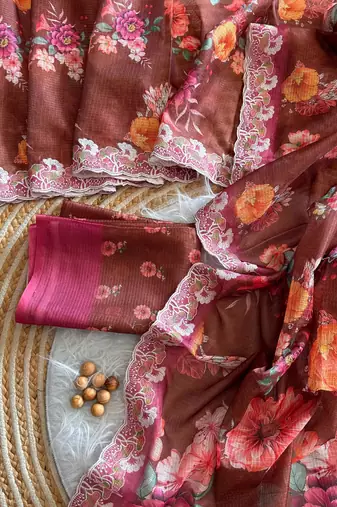 Coffee silk blend printed saree with floral print