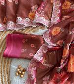 Coffee silk blend printed saree with floral print