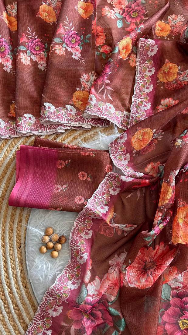 Coffee silk blend printed saree with floral print