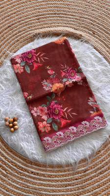 Coffee silk blend printed saree with floral print 2