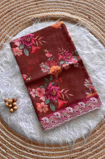 Coffee silk blend printed saree with floral print