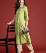 Lime green women floral printed pure cotton kurta