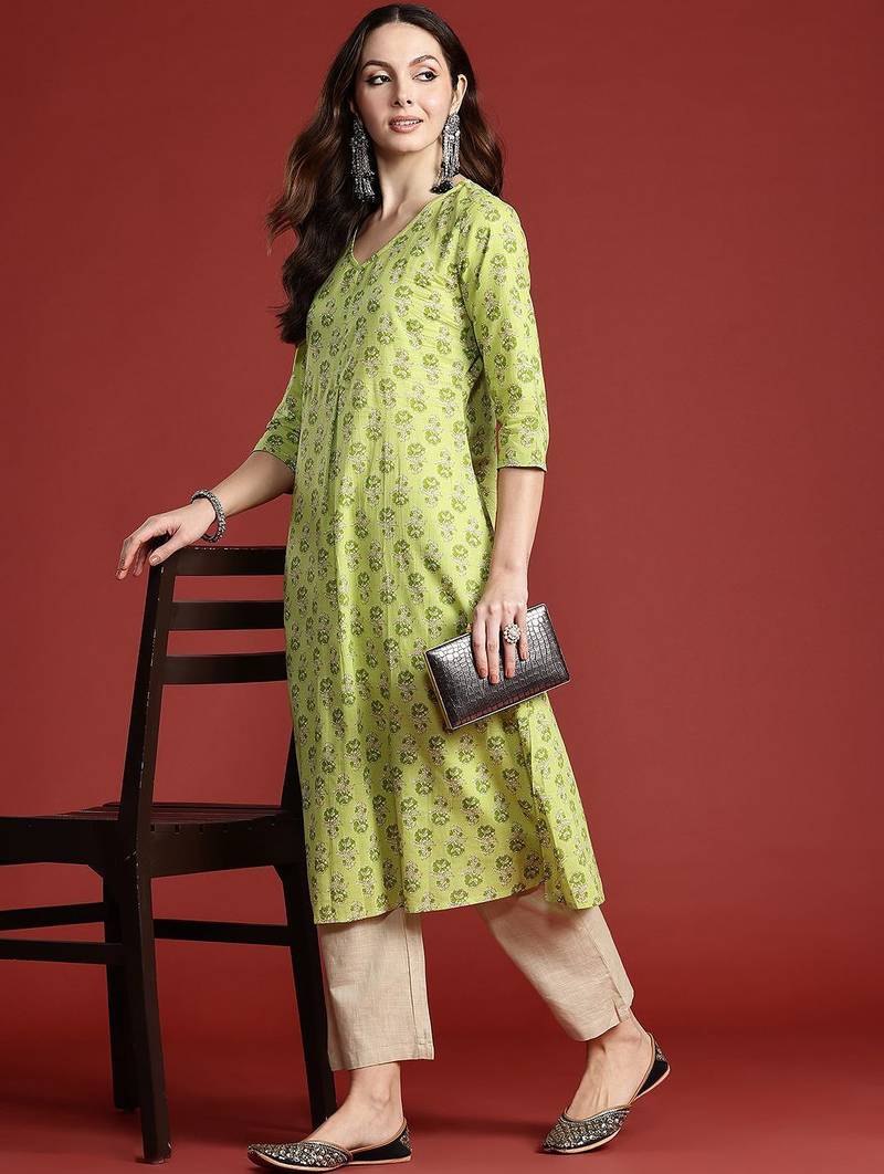 Lime green women floral printed pure cotton kurta