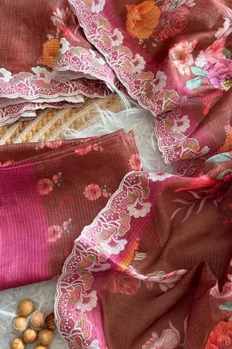 Coffee silk blend printed saree with floral print