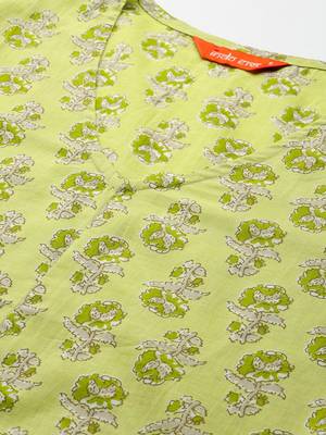 Lime green women floral printed cotton kurta 2