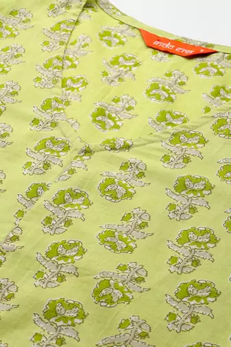 Lime green women floral printed pure cotton kurta