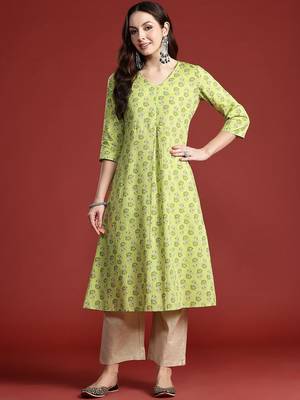 Lime green women floral printed cotton kurta 3