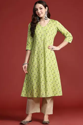 Lime green women floral printed pure cotton kurta
