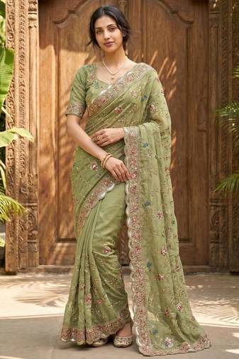 Olive georgette embroidered saree with thread work